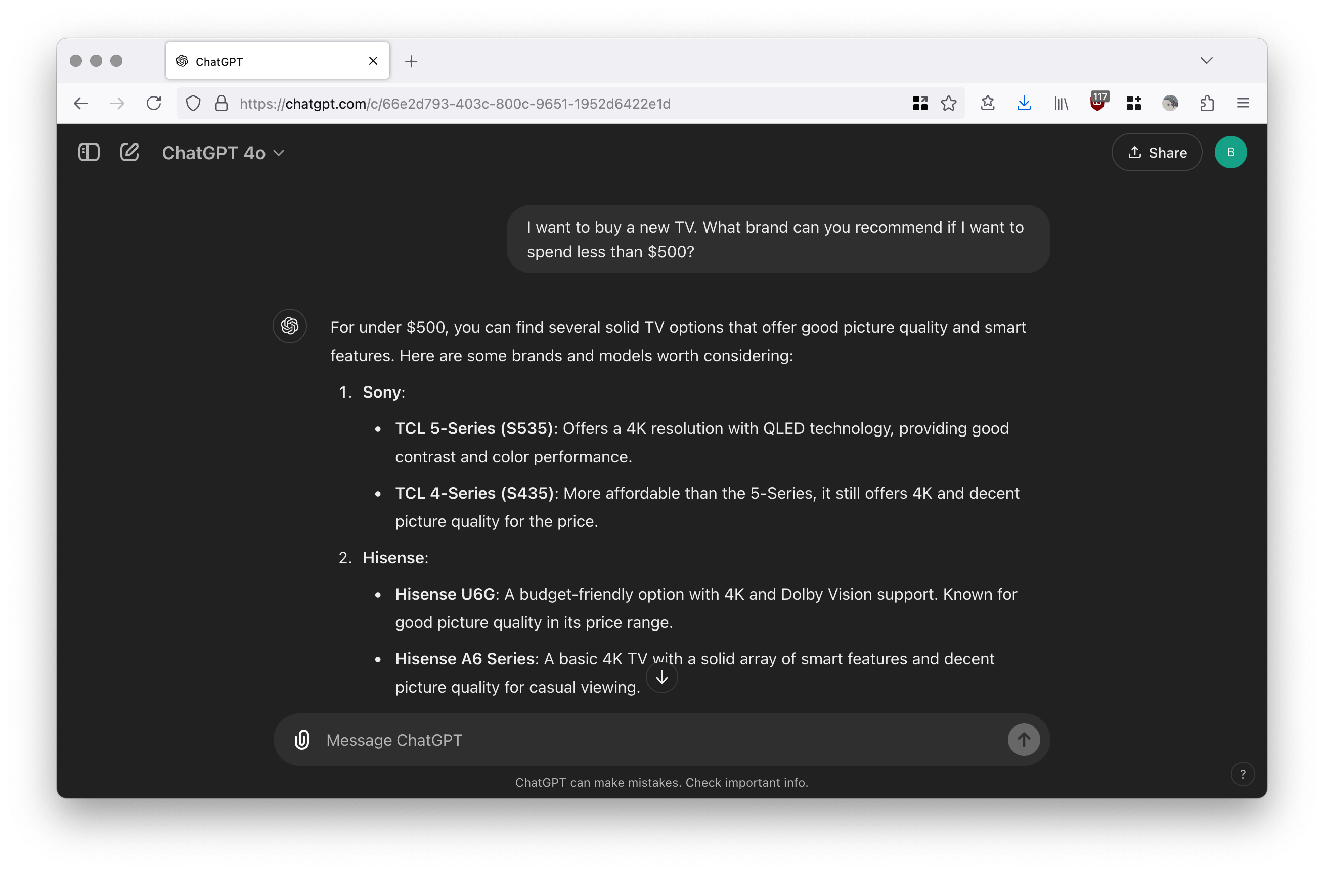 Searching for a new TV on ChatGPT